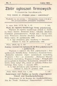 Zbiór ogłoszeń firmowych trybunałów handlowych : stały dodatek do „Przeglądu Prawa i Administracyi”. 1910, nr 7