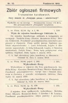 Zbiór ogłoszeń firmowych trybunałów handlowych : stały dodatek do „Przeglądu Prawa i Administracyi”. 1910, nr 10