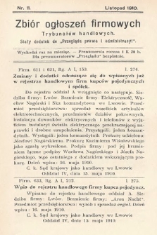 Zbiór ogłoszeń firmowych trybunałów handlowych : stały dodatek do „Przeglądu Prawa i Administracyi”. 1910, nr 11