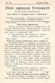 Zbiór ogłoszeń firmowych trybunałów handlowych : stały dodatek do „Przeglądu Prawa i Administracyi”. 1910, nr 12