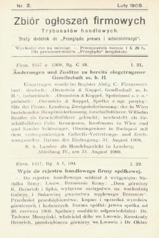 Zbiór ogłoszeń firmowych trybunałów handlowych : stały dodatek do „Przeglądu Prawa i Administracyi”. 1909, nr  2