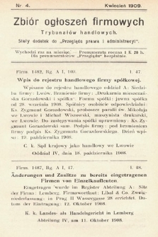 Zbiór ogłoszeń firmowych trybunałów handlowych : stały dodatek do „Przeglądu Prawa i Administracyi”. 1909, nr 4 
