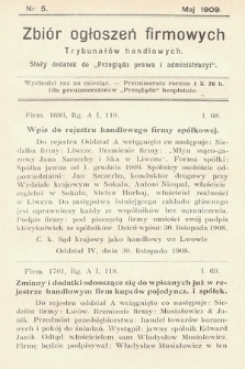 Zbiór ogłoszeń firmowych trybunałów handlowych : stały dodatek do „Przeglądu Prawa i Administracyi”. 1909, nr  5
