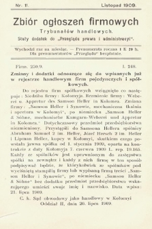 Zbiór ogłoszeń firmowych trybunałów handlowych : stały dodatek do „Przeglądu Prawa i Administracyi”. 1909, nr 11