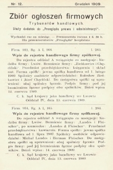 Zbiór ogłoszeń firmowych trybunałów handlowych : stały dodatek do „Przeglądu Prawa i Administracyi”. 1909, nr  12