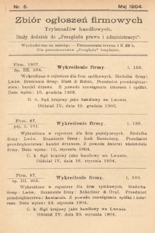 Zbiór ogłoszeń firmowych trybunałów handlowych : stały dodatek do „Przeglądu Prawa i Administracyi”. 1904, nr 5