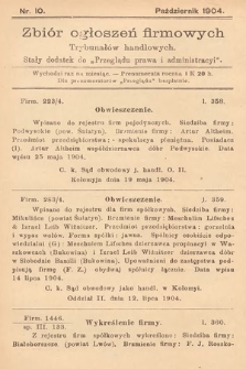 Zbiór ogłoszeń firmowych trybunałów handlowych : stały dodatek do „Przeglądu Prawa i Administracyi”. 1904, nr 10