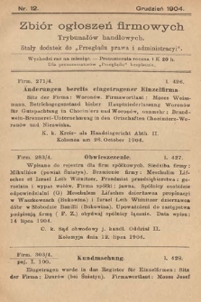 Zbiór ogłoszeń firmowych trybunałów handlowych : stały dodatek do „Przeglądu Prawa i Administracyi”. 1904, nr 12