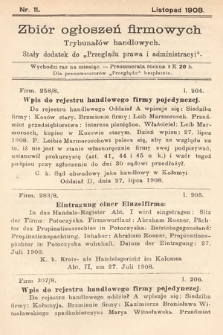 Zbiór ogłoszeń firmowych trybunałów handlowych : stały dodatek do „Przeglądu Prawa i Administracyi”. 1908, nr 11