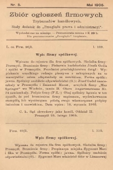 Zbiór ogłoszeń firmowych trybunałów handlowych : stały dodatek do „Przeglądu Prawa i Administracyi”. 1905, nr 5