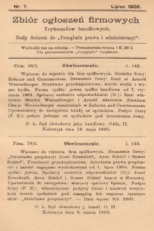 Zbiór ogłoszeń firmowych trybunałów handlowych : stały dodatek do „Przeglądu Prawa i Administracyi”. 1905, nr 7
