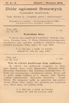 Zbiór ogłoszeń firmowych trybunałów handlowych : stały dodatek do „Przeglądu Prawa i Administracyi”. 1905, nr 8