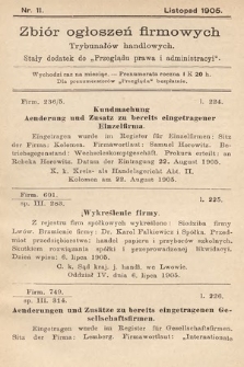 Zbiór ogłoszeń firmowych trybunałów handlowych : stały dodatek do „Przeglądu Prawa i Administracyi”. 1905, nr 11