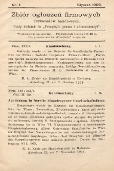 Zbiór ogłoszeń firmowych trybunałów handlowych : stały dodatek do „Przeglądu Prawa i Administracyi”. 1906, nr 1