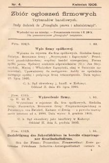 Zbiór ogłoszeń firmowych trybunałów handlowych : stały dodatek do „Przeglądu Prawa i Administracyi”. 1906, nr 4