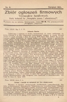 Zbiór ogłoszeń firmowych trybunałów handlowych : stały dodatek do „Przeglądu Prawa i Administracji”. 1921, nr 8