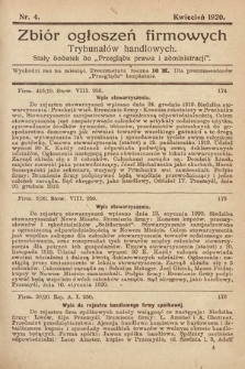 Zbiór ogłoszeń firmowych trybunałów handlowych : stały dodatek do „Przeglądu Prawa i Administracji”. 1920, nr 4
