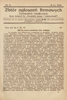 Zbiór ogłoszeń firmowych trybunałów handlowych : stały dodatek do „Przeglądu Prawa i Administracji”. 1920, nr 5