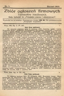 Zbiór ogłoszeń firmowych trybunałów handlowych : stały dodatek do „Przeglądu Prawa i Administracji”. 1923, nr 1