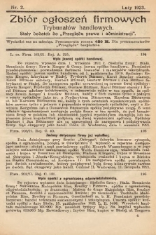 Zbiór ogłoszeń firmowych trybunałów handlowych : stały dodatek do „Przeglądu Prawa i Administracji”. 1923, nr 2