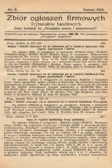 Zbiór ogłoszeń firmowych trybunałów handlowych : stały dodatek do „Przeglądu Prawa i Administracji”. 1923, nr 3