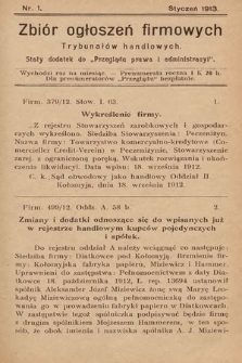 Zbiór ogłoszeń firmowych trybunałów handlowych : stały dodatek do „Przeglądu Prawa i Administracyi”. 1913, nr 1