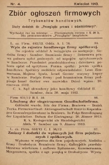 Zbiór ogłoszeń firmowych trybunałów handlowych : stały dodatek do „Przeglądu Prawa i Administracyi”. 1913, nr 4