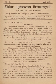 Zbiór ogłoszeń firmowych trybunałów handlowych : stały dodatek do „Przeglądu Prawa i Administracyi”. 1913, nr 5