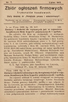 Zbiór ogłoszeń firmowych trybunałów handlowych : stały dodatek do „Przeglądu Prawa i Administracyi”. 1913, nr 7