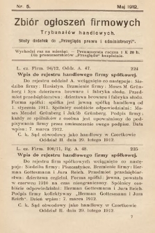 Zbiór ogłoszeń firmowych trybunałów handlowych : stały dodatek do „Przeglądu Prawa i Administracyi”. 1912, nr 5