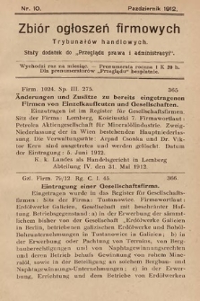 Zbiór ogłoszeń firmowych trybunałów handlowych : stały dodatek do „Przeglądu Prawa i Administracyi”. 1912, nr 10