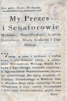 Dziennik Rozporządzeń Rządowych Wolnego, Niepodległego i Ściśle Neutralnego Miasta Krakowa i jego Okręgu. 1820