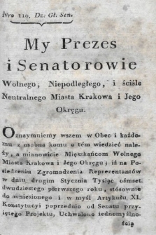 Dziennik Rozporządzeń Rządowych Wolnego, Niepodległego i Ściśle Neutralnego Miasta Krakowa i jego Okręgu. 1821