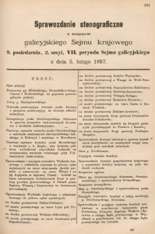 [Kadencja VII, sesja II, pos. 9] Sprawozdanie Stenograficzne z Rozpraw Galicyjskiego Sejmu Krajowego. 9. Posiedzenie 2. Sesyi VII. Peryodu Sejmu Galicyjskiego