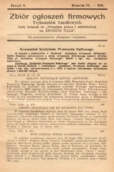 Zbiór ogłoszeń firmowych trybunałów handlowych : stały dodatek do „Przeglądu Prawa i Administracji im. Ernesta Tilla”. 1931, z. 4