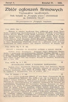 Zbiór ogłoszeń firmowych trybunałów handlowych : stały dodatek do „Przeglądu Prawa i Administracji im. Ernesta Tilla”. 1933, nr 4