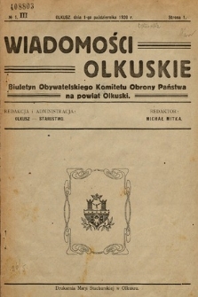 Wiadomości Olkuskie : biuletyn Obywatelskiego Komitetu Obrony Państwa na Powiat Olkuski. 1920