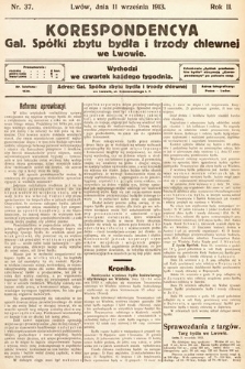 Korespondencja Galicyjskiej Spółki Zbytu Bydła i Trzody Chlewnej we Lwowie. 1913, nr 37