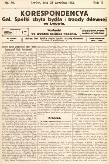 Korespondencja Galicyjskiej Spółki Zbytu Bydła i Trzody Chlewnej we Lwowie. 1913, nr 39