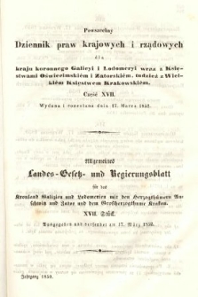 Powszechny Dziennik Praw Krajowych i Rządowych [...] = Allgemeines Landes-Gesetz- und Regierungs-Blatt [...]. 1850, cz. 17