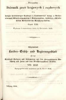 Powszechny Dziennik Praw Krajowych i Rządowych [...] = Allgemeines Landes-Gesetz- und Regierungs-Blatt [...]. 1850, cz. 21