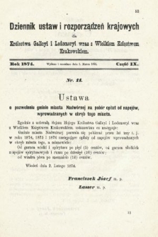 Dziennik Ustaw i Rozporządzeń Krajowych dla Królestwa Galicyi i Lodomeryi wraz z Wielkiem Księstwem Krakowskiem. 1874, cz. 9