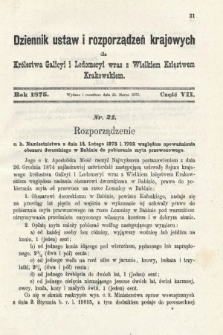 Dziennik Ustaw i Rozporządzeń Krajowych dla Królestwa Galicyi i Lodomeryi wraz z Wielkiem Księstwem Krakowskiem. 1875, cz. 7