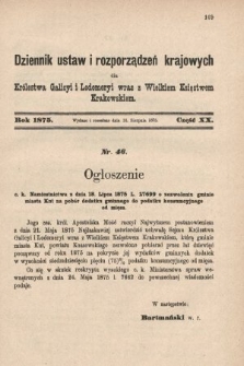 Dziennik Ustaw i Rozporządzeń Krajowych dla Królestwa Galicyi i Lodomeryi wraz z Wielkiem Księstwem Krakowskiem. 1875, cz. 20