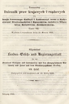 Powszechny Dziennik Praw Krajowych i Rządowych [...] = Allgemeines Landes-Gesetz- und Regierungs-Blatt [...]. 1852, cz. 7
