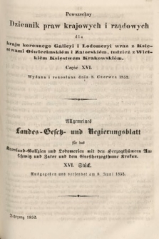 Powszechny Dziennik Praw Krajowych i Rządowych [...] = Allgemeines Landes-Gesetz- und Regierungs-Blatt [...]. 1852, cz. 16