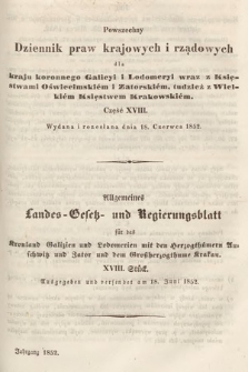 Powszechny Dziennik Praw Krajowych i Rządowych [...] = Allgemeines Landes-Gesetz- und Regierungs-Blatt [...]. 1852, cz. 18