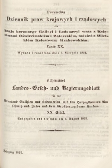 Powszechny Dziennik Praw Krajowych i Rządowych [...] = Allgemeines Landes-Gesetz- und Regierungs-Blatt [...]. 1852, cz. 20