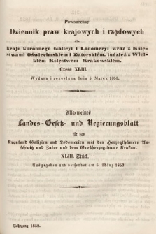 Powszechny Dziennik Praw Krajowych i Rządowych [...] = Allgemeines Landes-Gesetz- und Regierungs-Blatt [...]. 1852, cz. 43