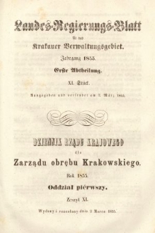 Dziennik Rządu Krajowego dla Zarządu Obrębu Krakowskiego. 1855, oddział 1, z. 11